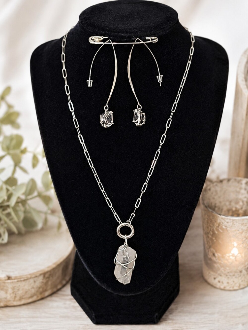 NWT Paperclip Chain Necklace & Crystal Threader Earrings + Raw Quartz Pendant